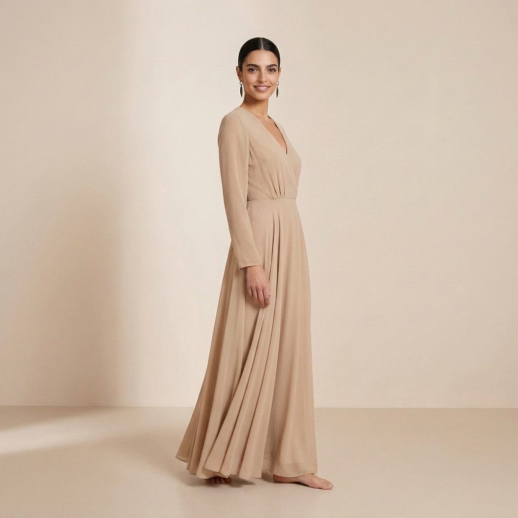 Tijdloze slipdress in champagnekleur met lange mouwen