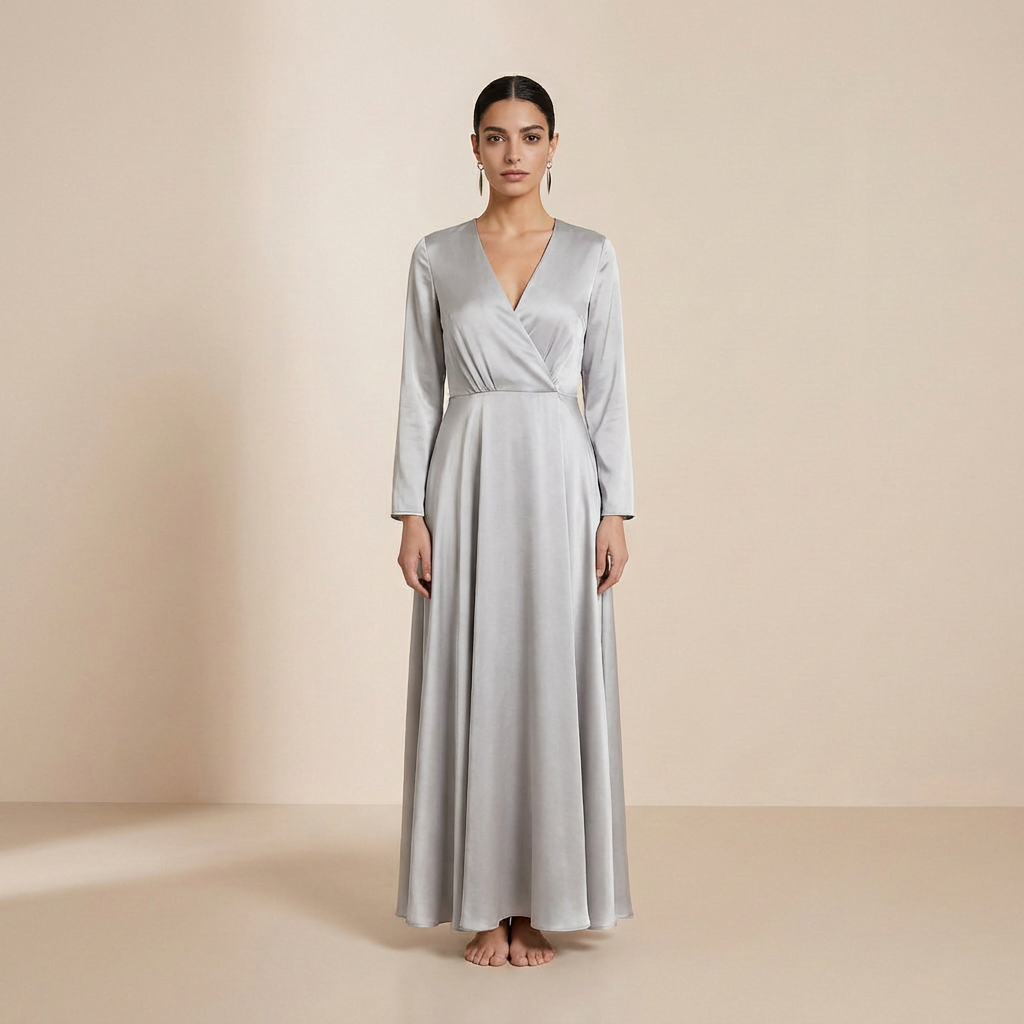 Glanzende, satijnen maxi-jurk in zilver – elegante jurk in slipdress-stijl met lange mouwen