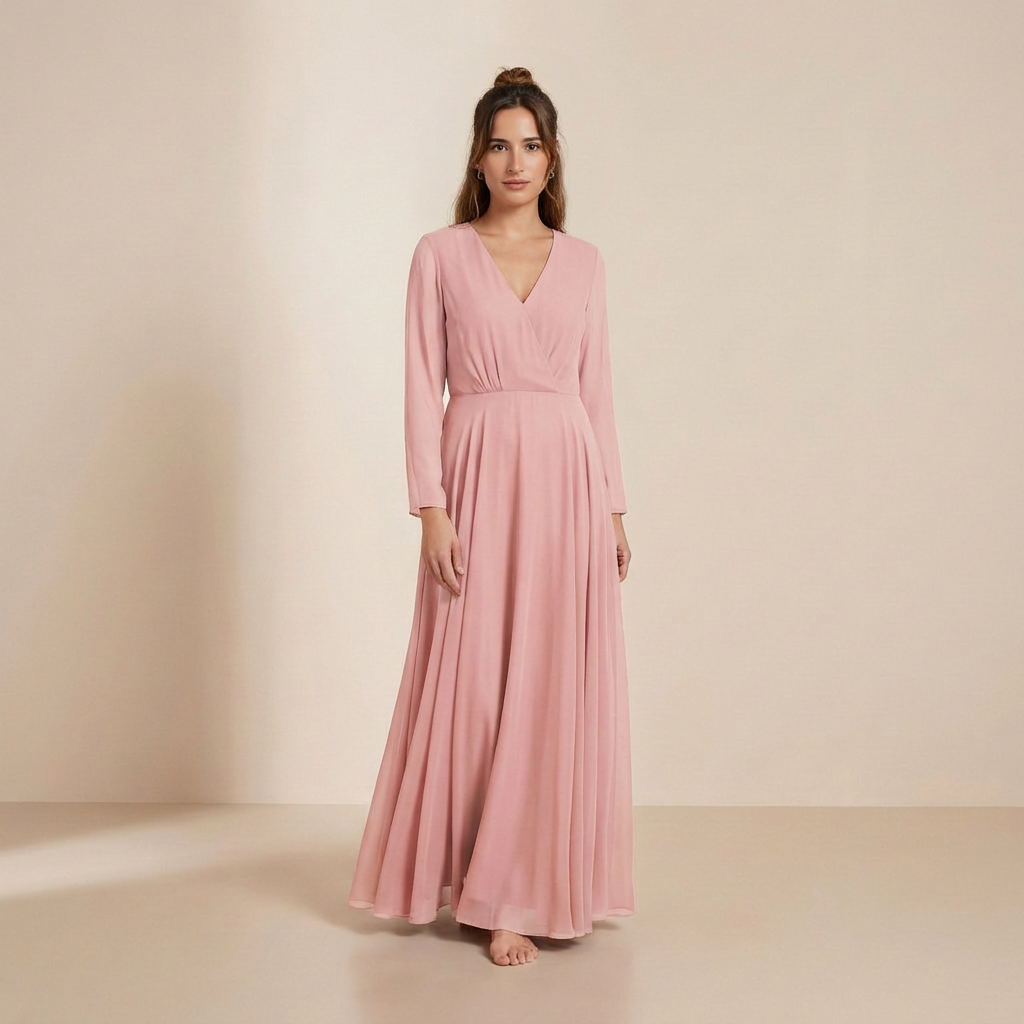 Roze lange jurk met lange mouwen van chiffon – met strik