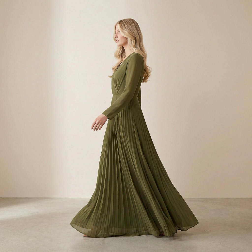 A-lijn jurk met lange mouwen Aarde Olijf – bescheiden, lichte slip dress