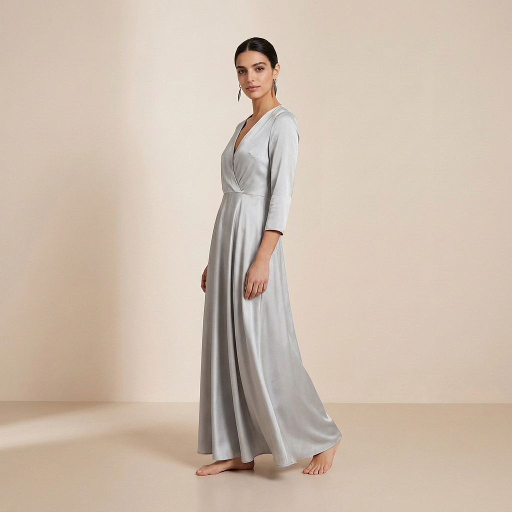 Glanzende, satijnen maxi-jurk in zilver – elegante jurk in slipdress-stijl met lange mouwen