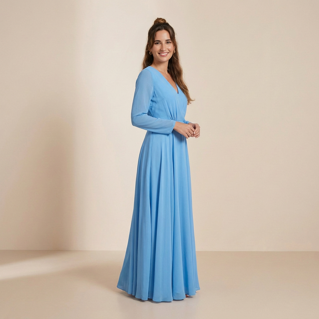 Blauwe lange jurk met lange mouwen van chiffon – omslagdecolleté aan de voorkant