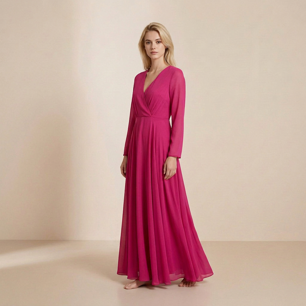 Lange jurk met lange mouwen in een intense fuchsia kleur