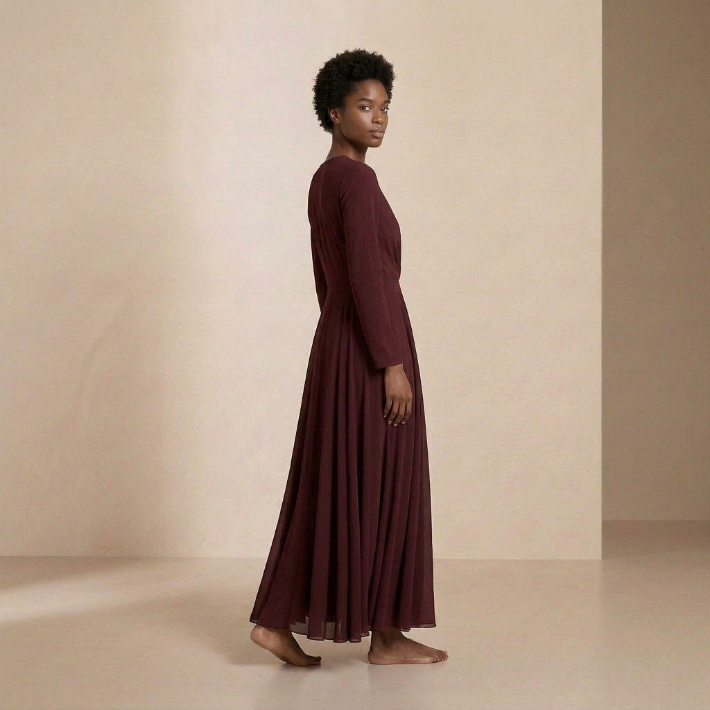 Lange maxi jurk in de kleur van noordelijk bordeaux met lange mouwen – elegante slip dress met een wikkeldecolleté aan de voorkant