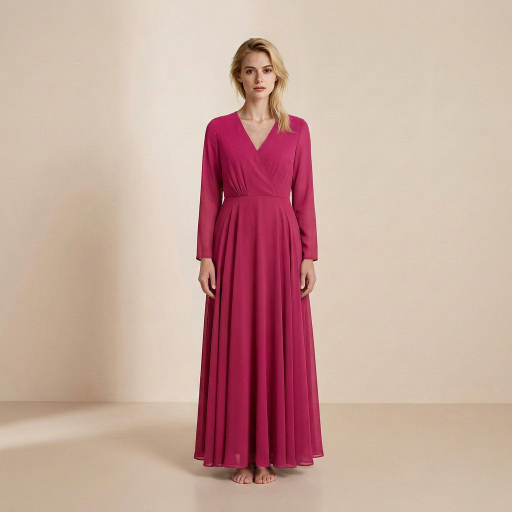 Lange jurk met lange mouwen in een intense fuchsia kleur