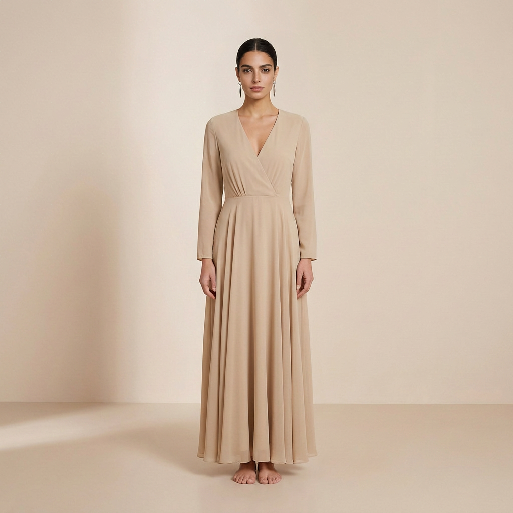 Tijdloze slipdress in champagnekleur met lange mouwen