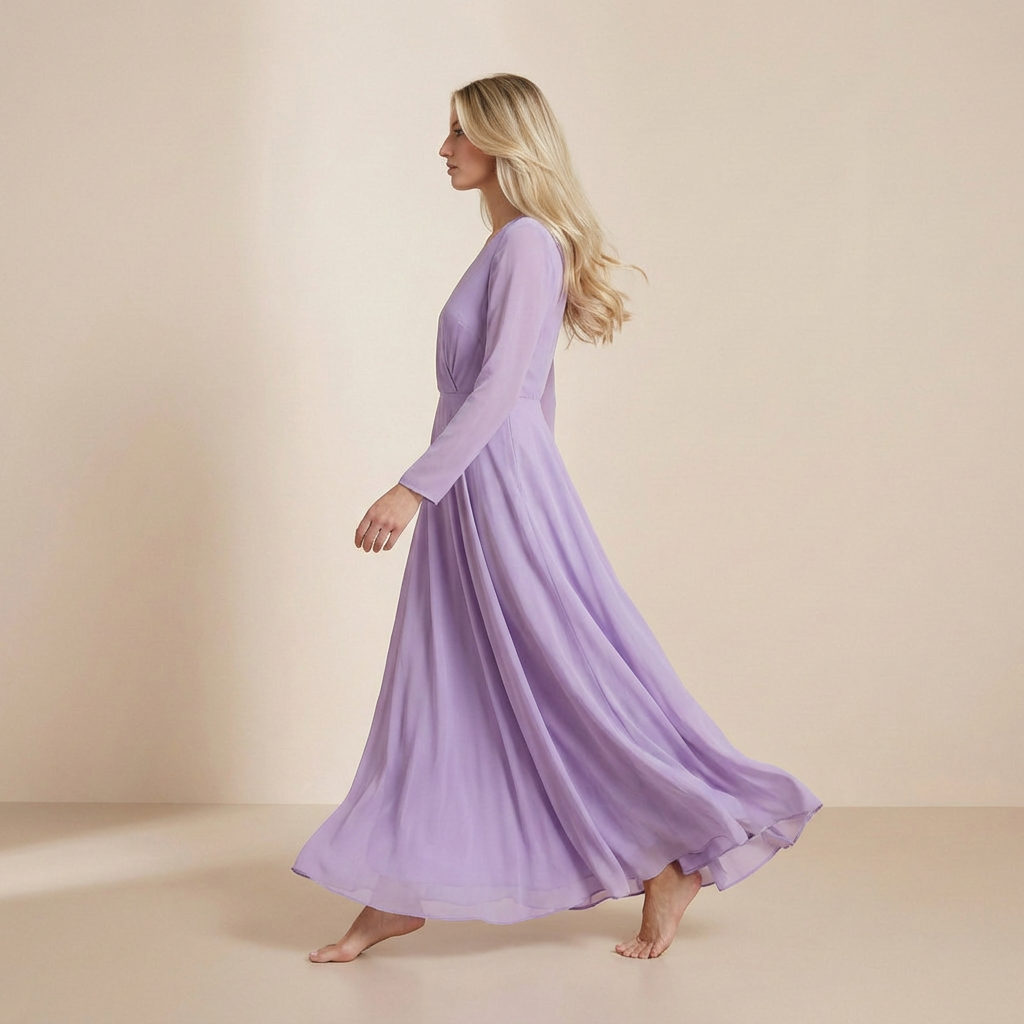 Lange maxi-jurk in de kleur lavendelmist met lange mouwen – elegante avondjurk met een sluiting aan de voorkant