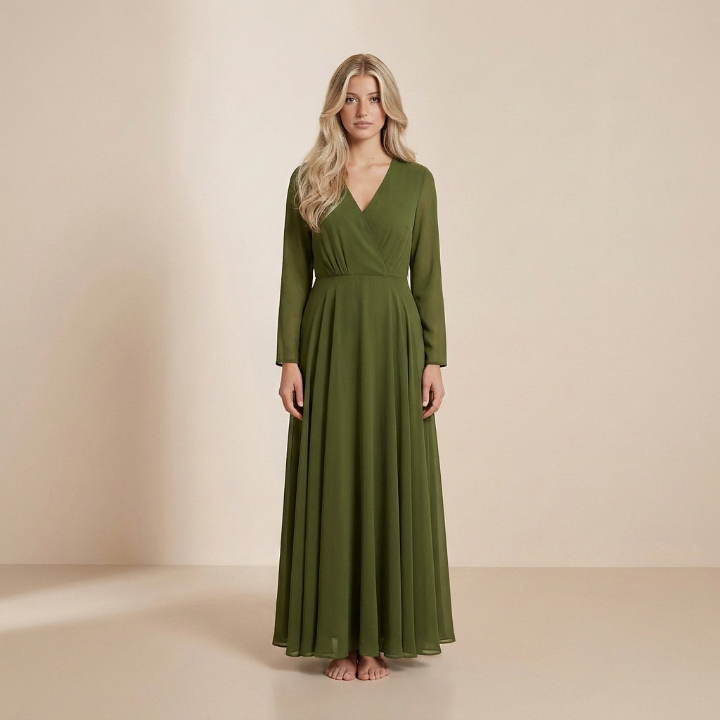 A-lijn jurk met lange mouwen Aarde Olijf – bescheiden, lichte slip dress