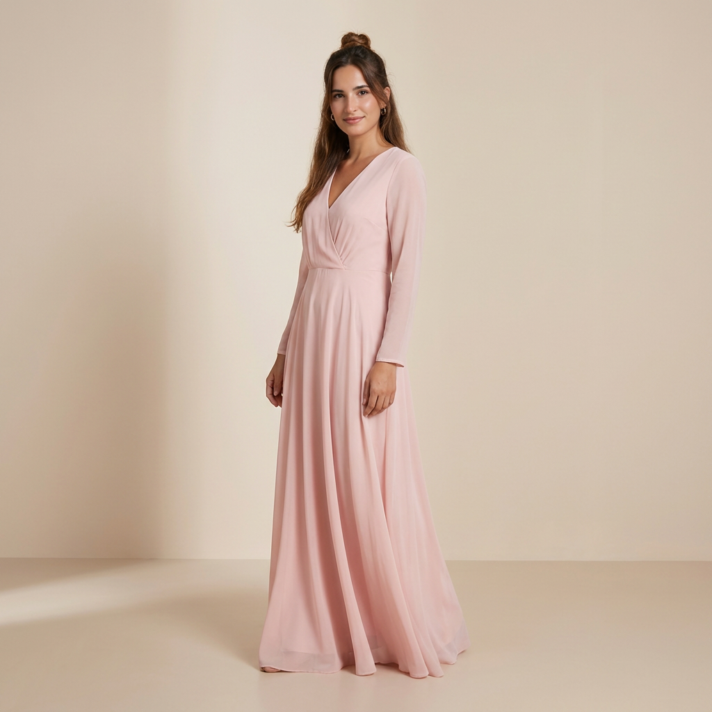 Roze lange jurk met lange mouwen van chiffon – met strik
