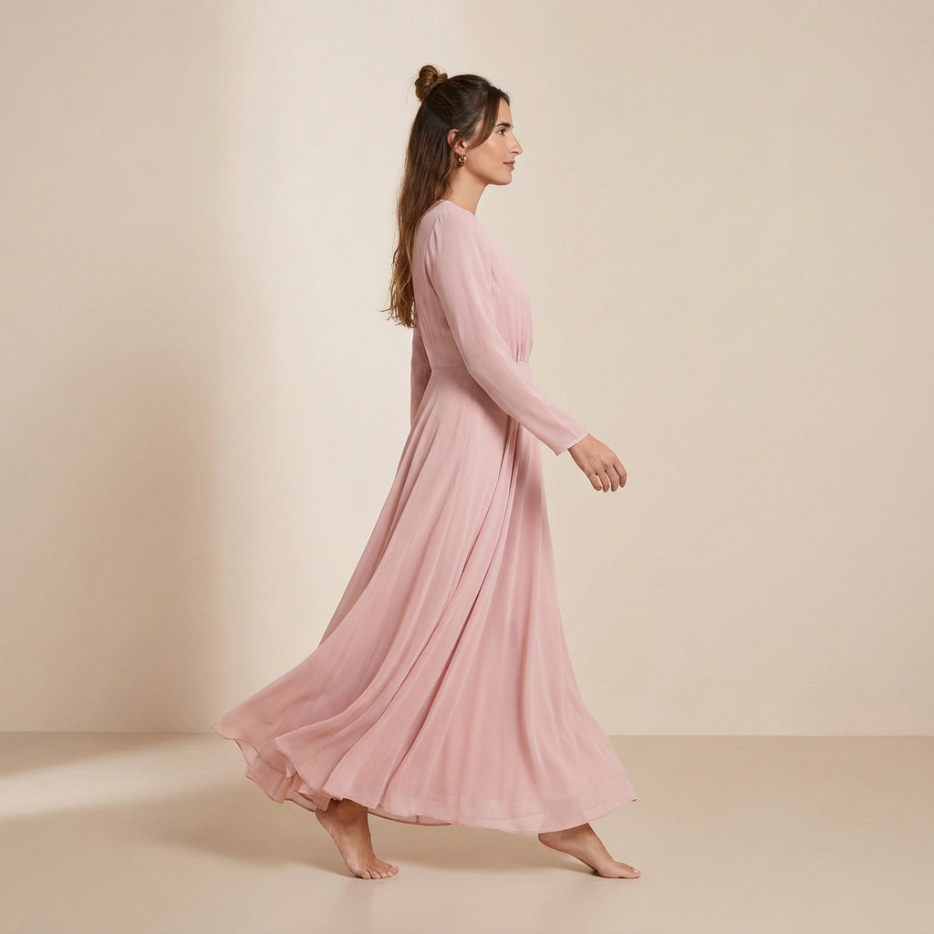 Roze maxi-jurk met lange mouwen van chiffon – slipdress met strik