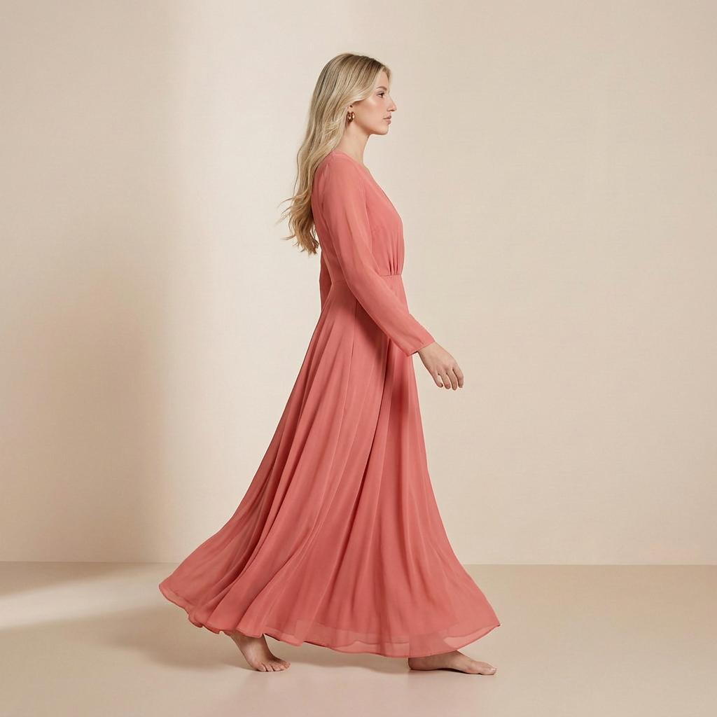 Herfst maxi jurk met lange mouwen in terracotta – slipdress in warme, aardse tinten