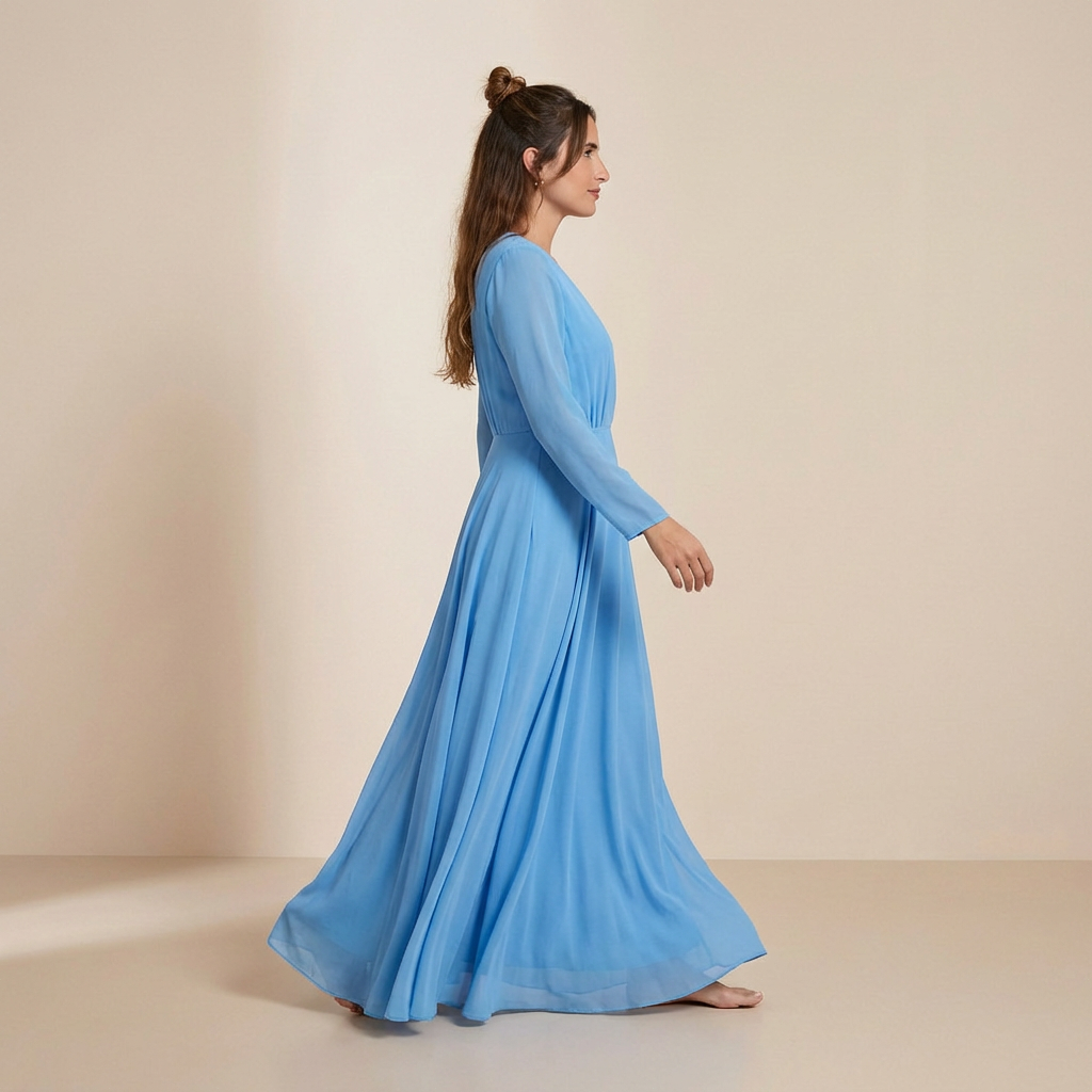 Blauwe lange jurk met lange mouwen van chiffon – omslagdecolleté aan de voorkant