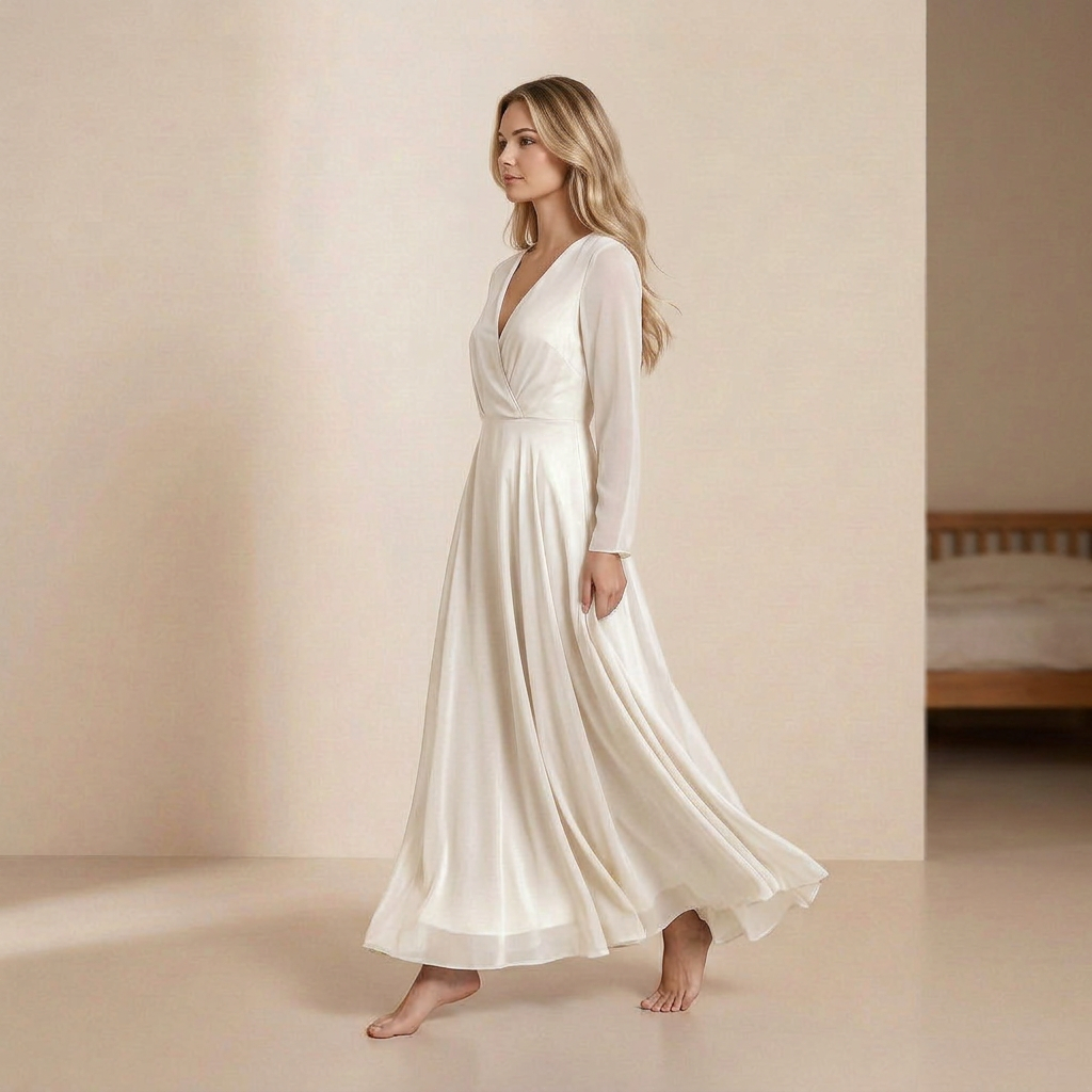 Glinsterende, satijnen maxi-jurk – elegante slip dress met lange mouwen en V-hals