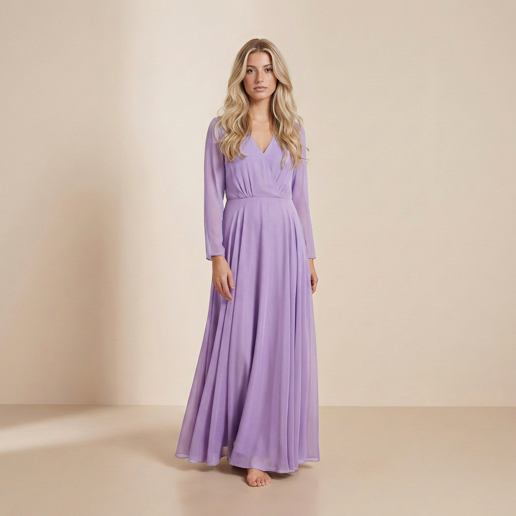 Lange maxi-jurk in de kleur lavendelmist met lange mouwen – elegante avondjurk met een sluiting aan de voorkant